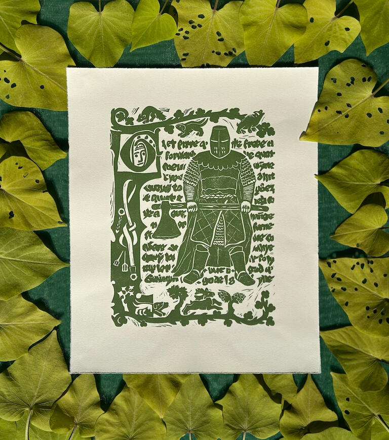 Bertilak's Bargain, 2024. Block linocut.