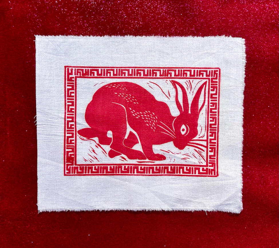 The Rabbit that Hunts Tigers, 2023. Linocut.